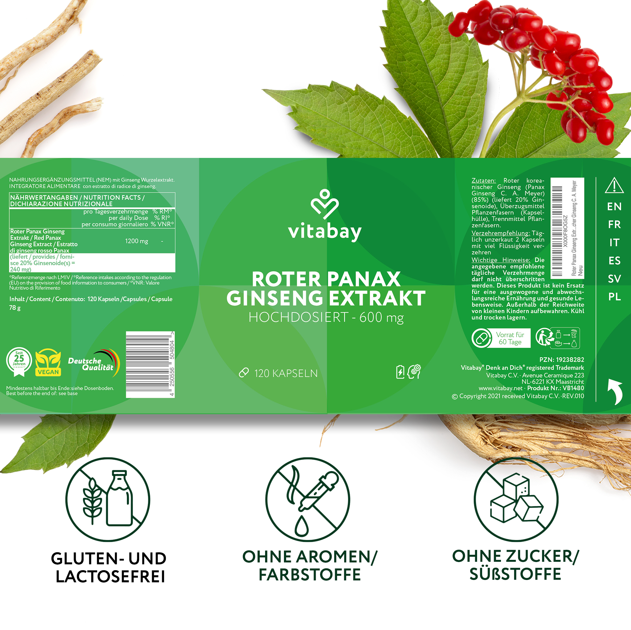 Roter Panax Ginseng Extrakt 600 mg - 120 vegane Kapseln
