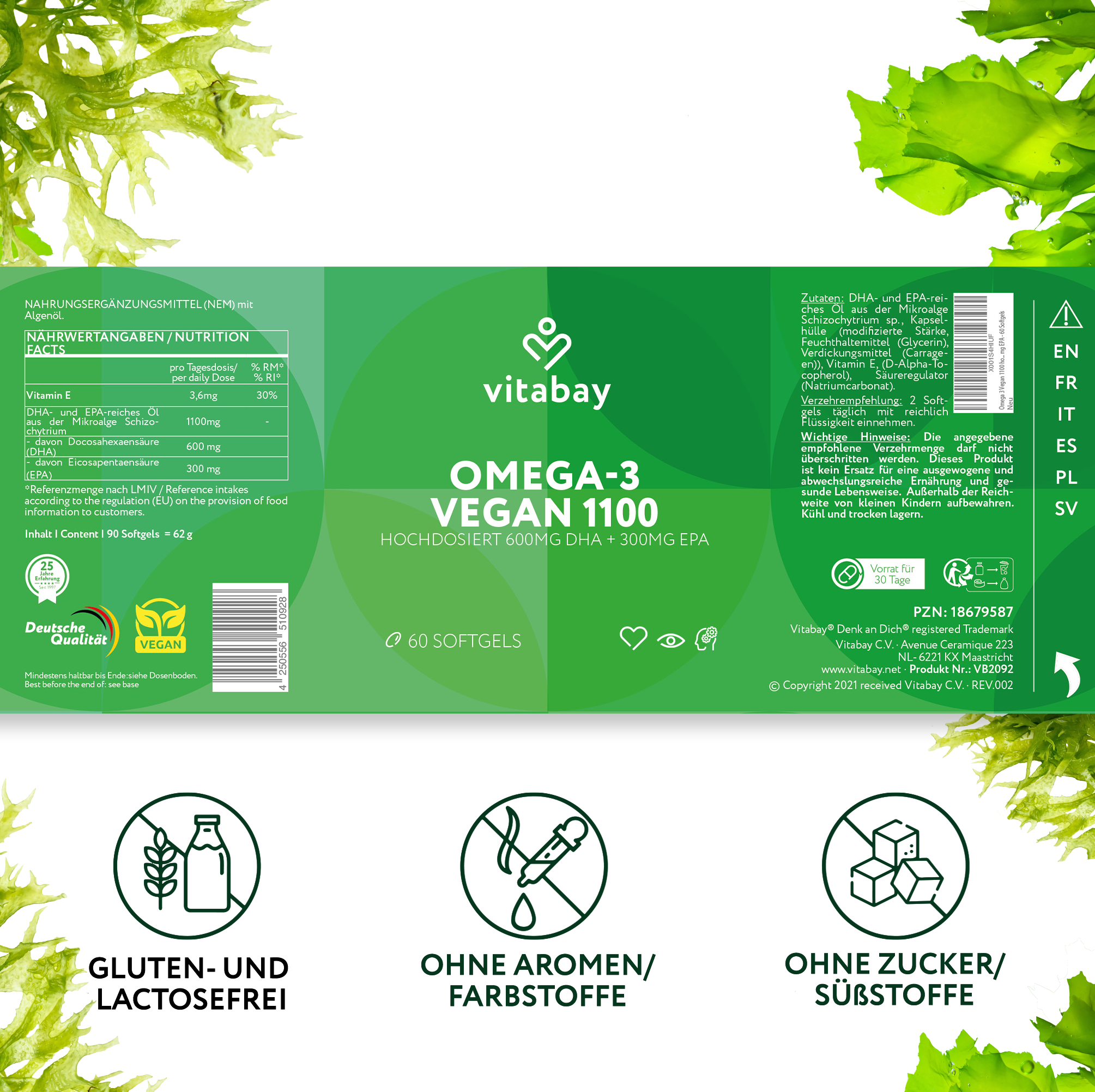 Omega 3 Vegan - 60 Algenöl-Softgelkapseln mit 1100 mg Omega 3, DHA & EPA