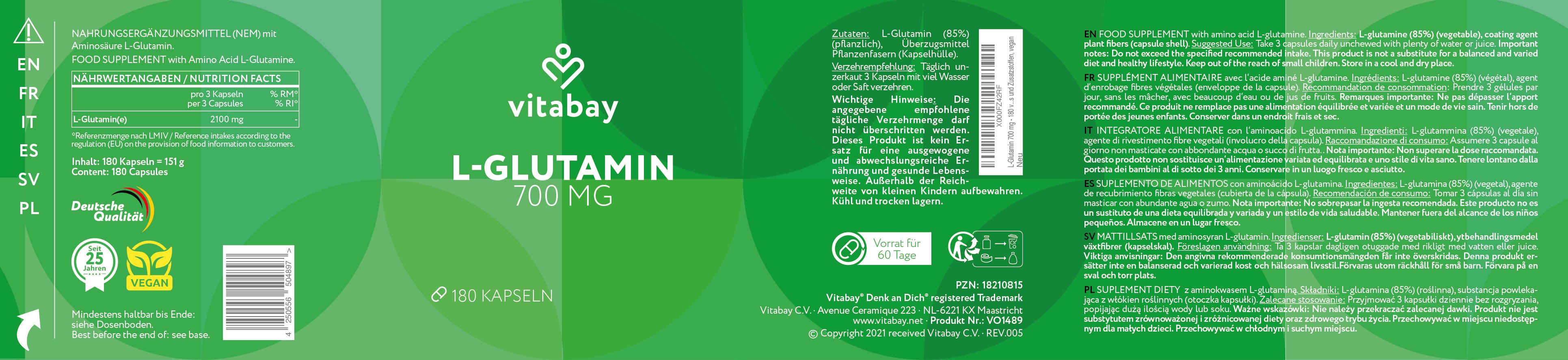 L-Glutamin 700mg - 180 vegane Kapseln