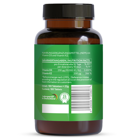 Vitamin D3 Depot 10.000 I.E. + Vitamin K2 200mcg  - 180 vegane Tabletten