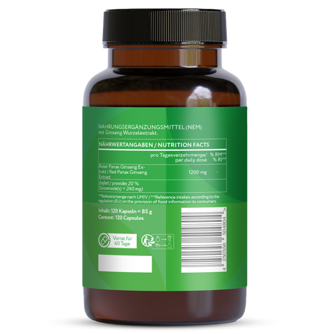 Roter Panax Ginseng Extrakt 600 mg - 120 vegane Kapseln