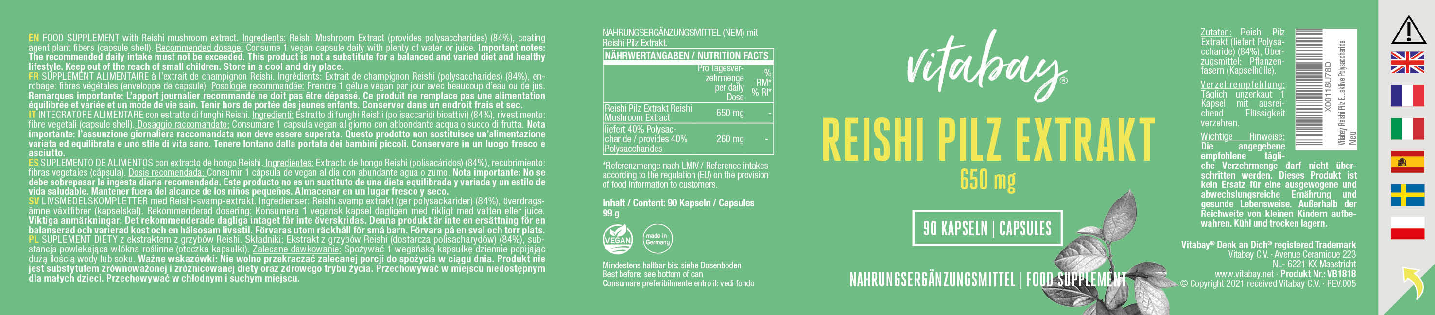 Reishi Pilz Extrakt  500mg - 90 vegane Kapseln