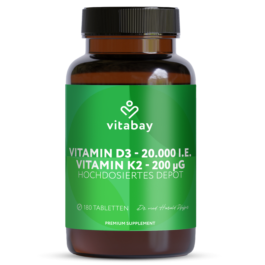 Vitamin D3 20.000 I.E. + K2 200 µg - 180 vegane Tabletten