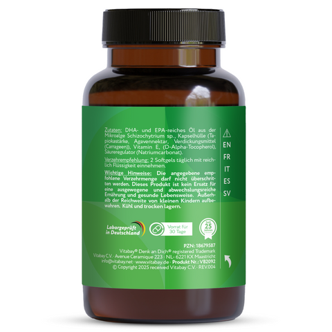 Omega 3 Vegan - 60 Algenöl-Softgelkapseln mit 1100 mg Omega 3, DHA & EPA